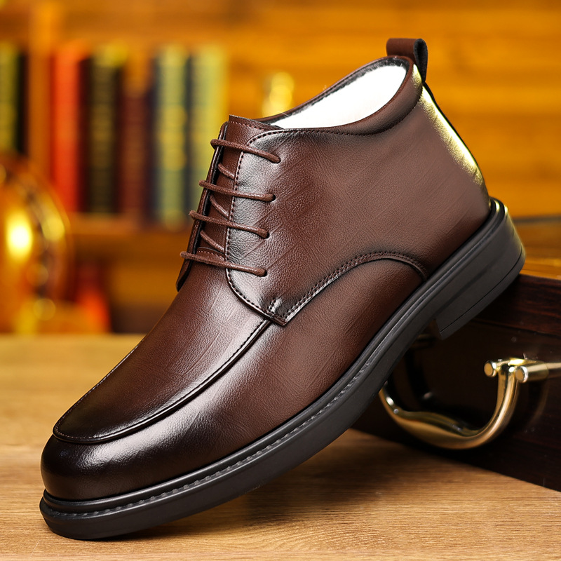 高帮休闲皮鞋男商务男鞋冬季加绒保暖系带棉鞋男棉皮鞋