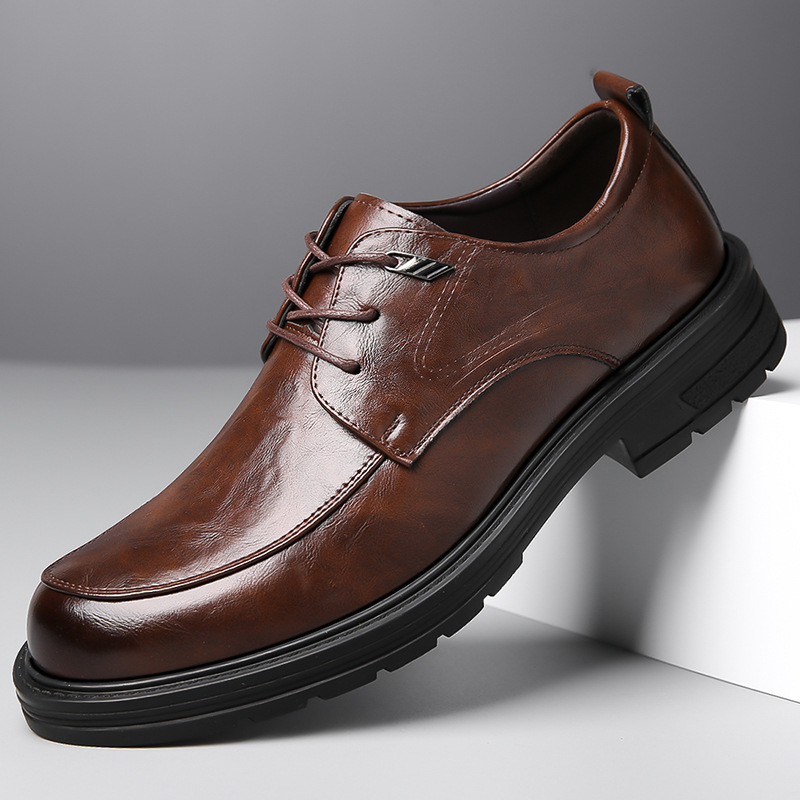 皮鞋男士防滑英伦厚底商务休闲圆头正装单鞋高端时尚罗蒙透气系带
