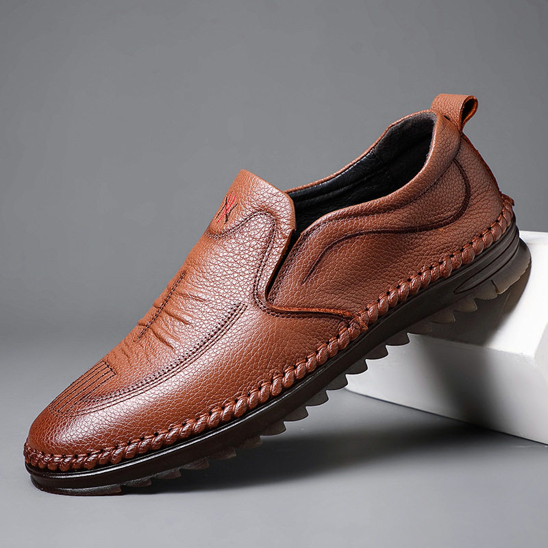 春季新款头层牛皮男士休闲鞋真皮单鞋爸爸男鞋手工皮鞋男款单鞋子