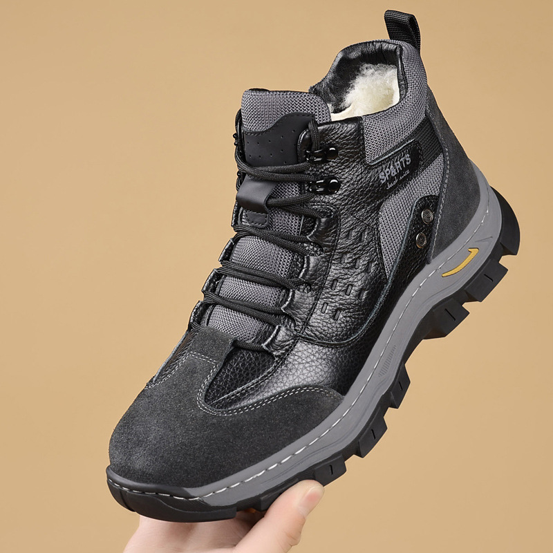 头层牛皮冬季新款男士棉鞋羊毛保暖户外登山加绒男款男鞋防滑加厚