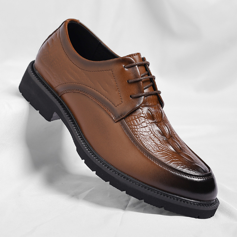 皮鞋男士低帮商务正装鳄鱼纹英伦休闲复古系带结婚新郎鞋