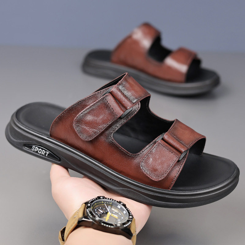 夏季头层牛皮男士皮拖鞋真皮凉拖户外凉鞋耐磨透气一字拖男鞋贸易