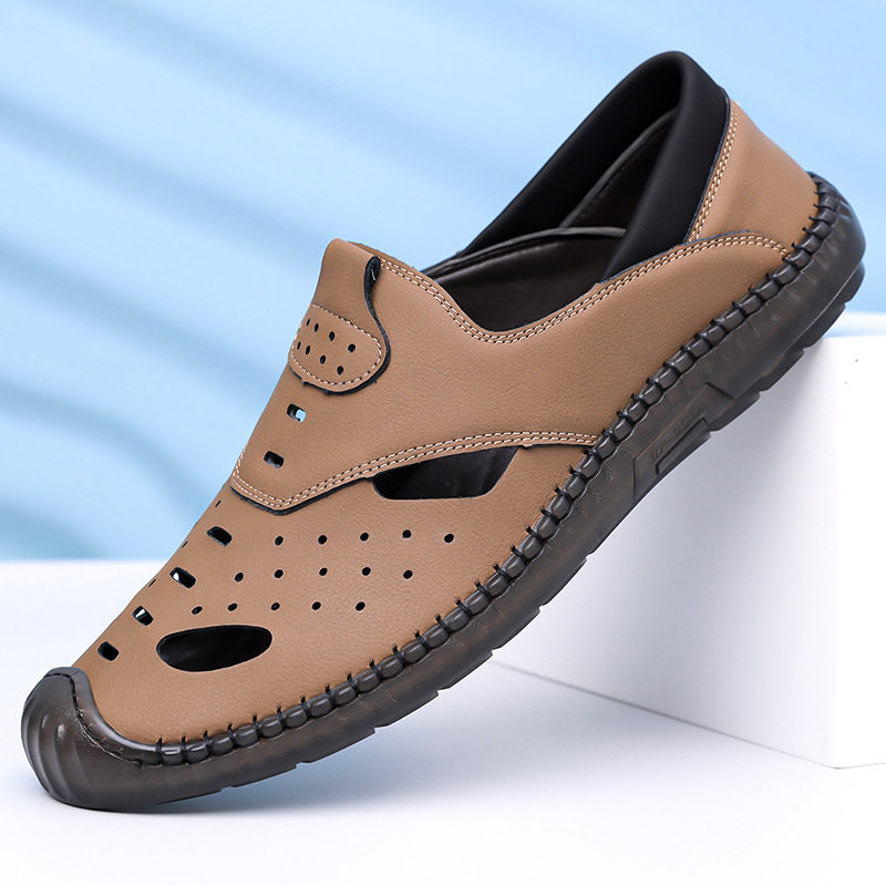 凉鞋男款夏季新款头层牛皮户外休闲男鞋牛筋底洞洞鞋软底包头凉鞋