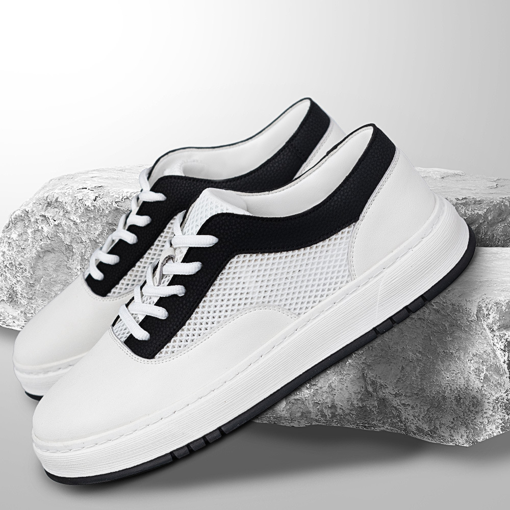 夏季新款高端漏风运动鞋男真皮透气网布板鞋潮流时尚白色休闲凉鞋