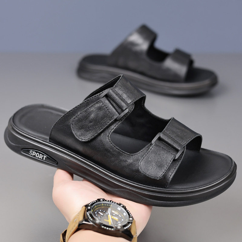 夏季新款头层牛皮男士皮拖鞋真皮凉鞋露趾透气一字拖凉拖男鞋鞋子
