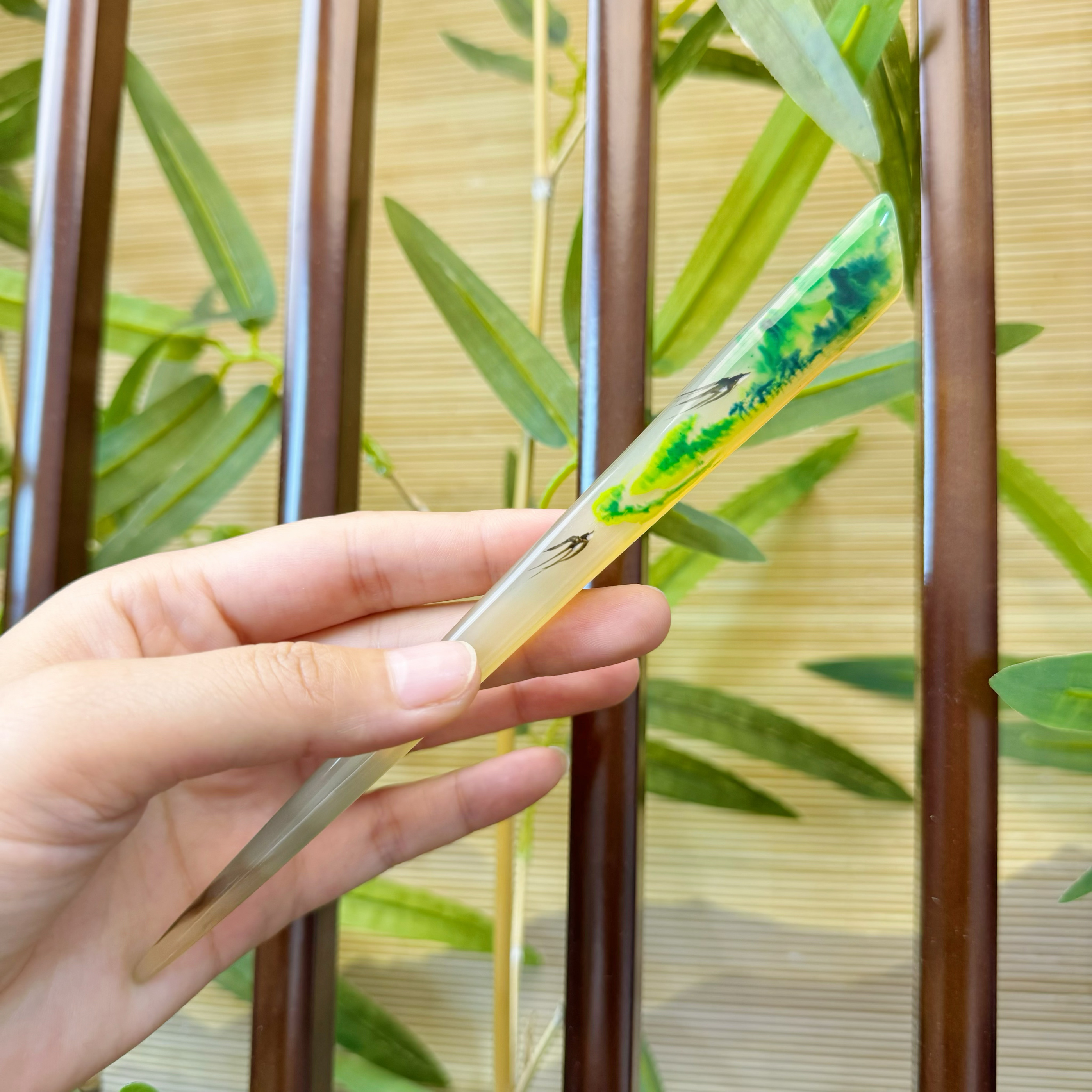 悦木坊羊角发簪手绘春葵日常搭配意境千里江山免护理簪子 礼盒装