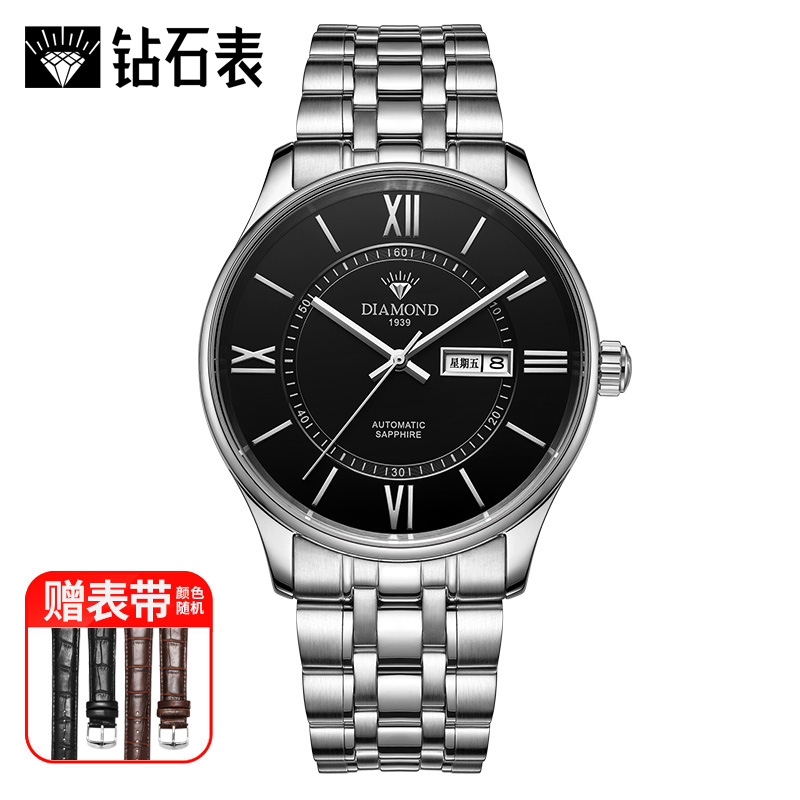 上海钻石手表男机械表全自动精钢带商务腕表简约国表双历男士手表