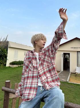 美式复古磨毛格子衬衫长袖春秋新款宽松休闲潮流情侣衬衣外套男女