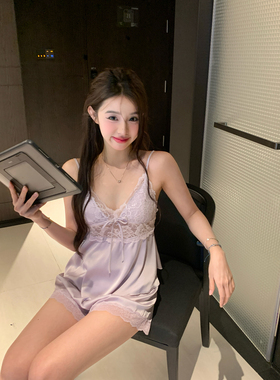 馨帮帮 薄款带胸垫吊带睡衣套装女款夏纯欲风蕾丝花边短裤家居服