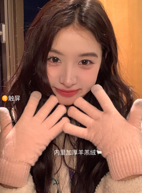 馨帮帮 加厚加绒保暖分指护手套可触屏骑行双层菱格纹针织手套女