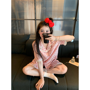 家居服套装 睡衣甜美可爱星星条纹蕾丝边短裤 女夏 翻领短袖 馨帮帮