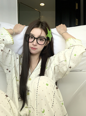 馨帮帮 星星月亮长袖翻领睡衣裤套装春季小清新学生休闲家居服女