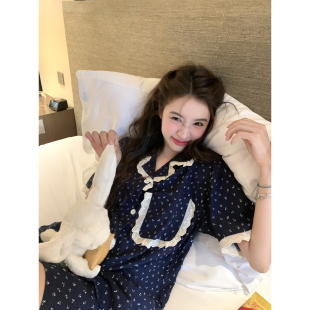 短裤 馨帮帮 可外穿碎花翻领短袖 蕾丝花边睡衣套装 家居服女夏 薄款