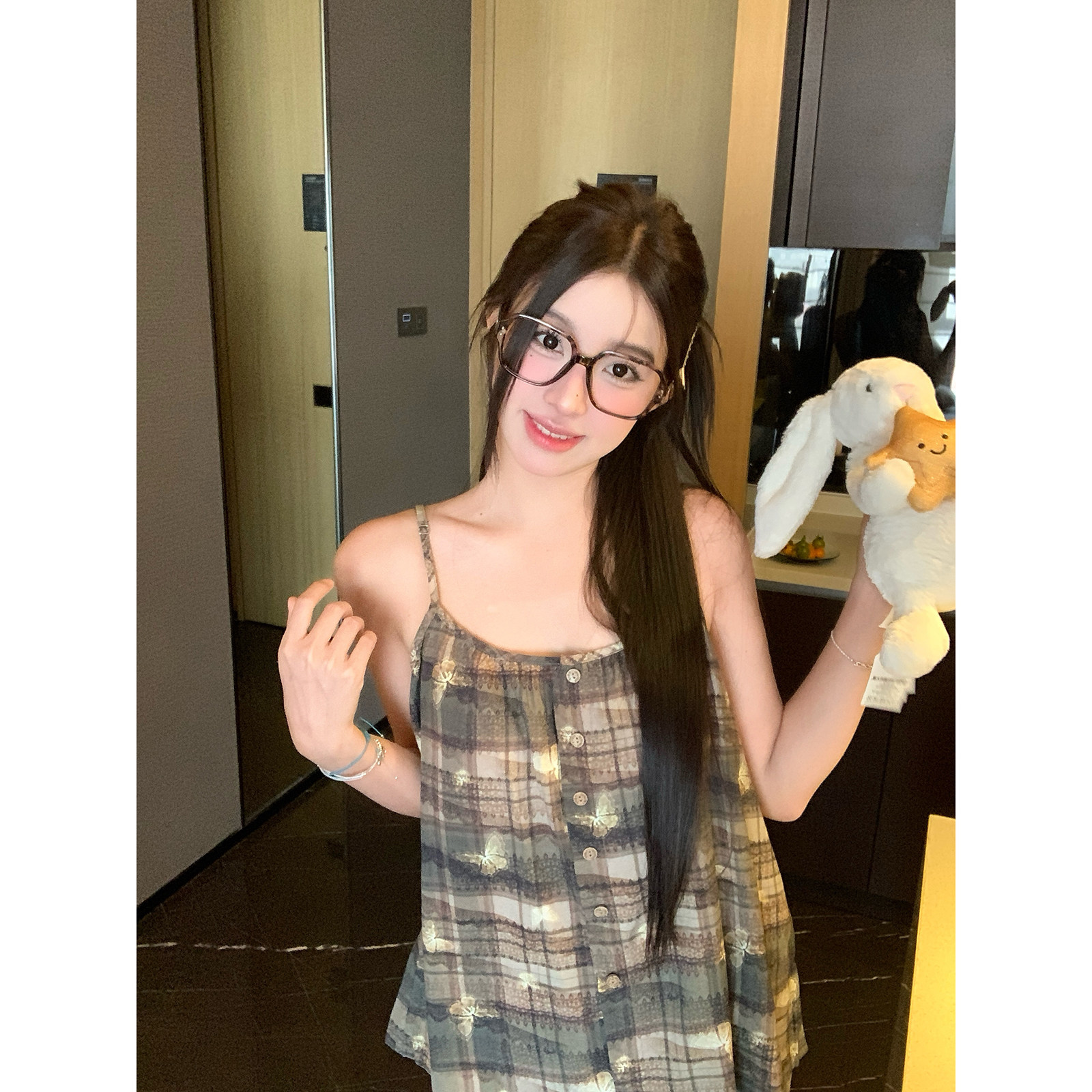 馨帮帮 带胸垫吊带睡衣女款夏薄款可外穿国风格纹长裤家居服套装