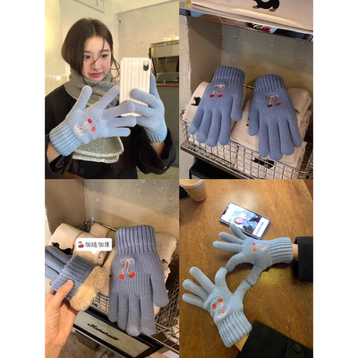 可爱樱桃手套保暖五指针织手套