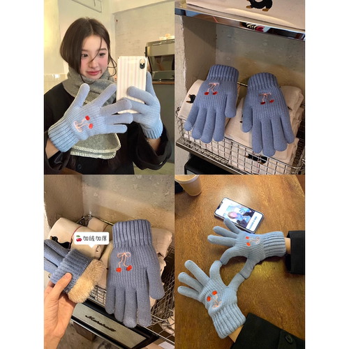 可爱樱桃手套保暖五指针织手套