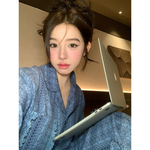 高级感蓝色碎花毛边睡衣裤 长袖 套装 式 家居服女 老钱风开衫 馨帮帮