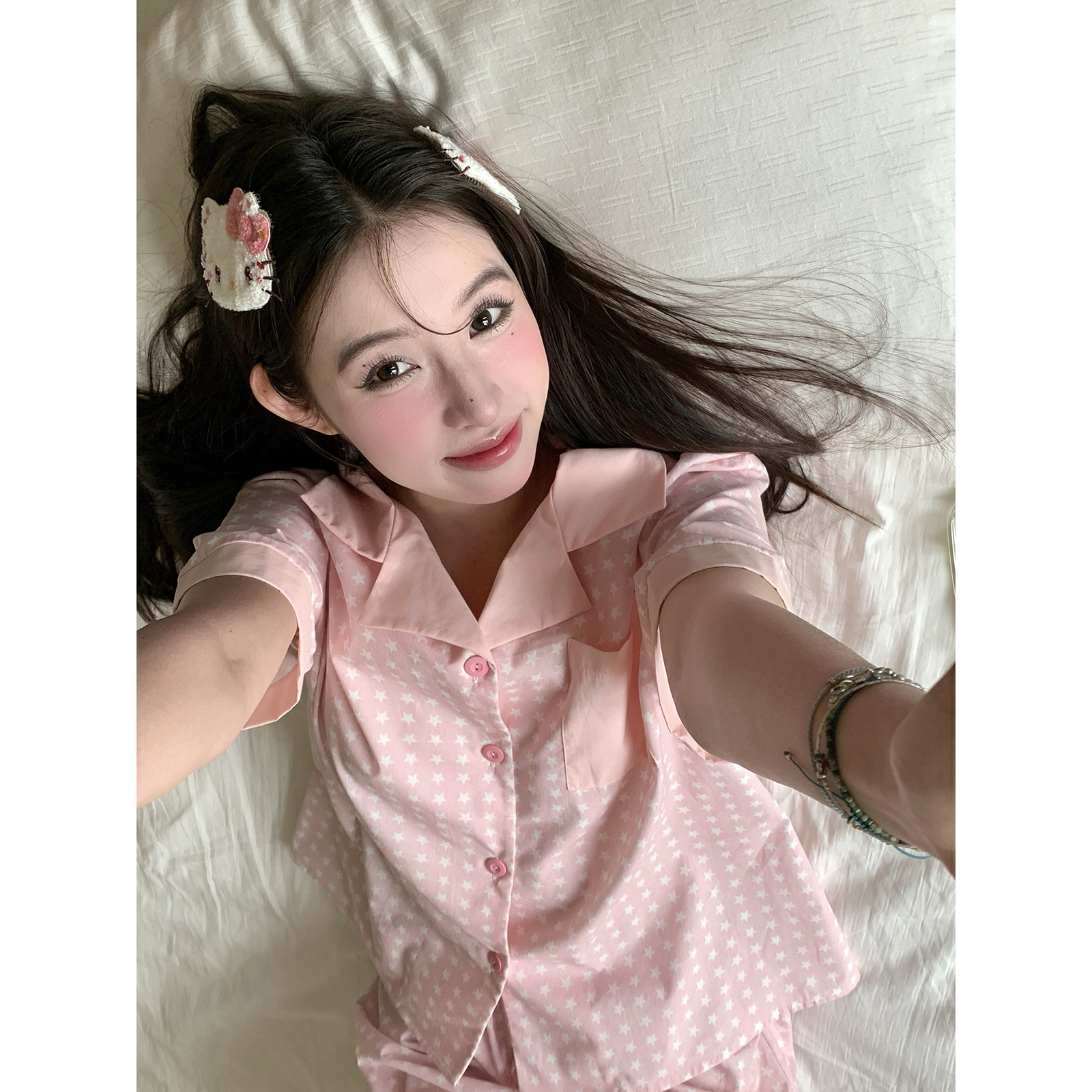 馨帮帮 星星短袖翻领睡衣套装夏天薄款可外穿宽松短裤家居服女款