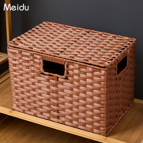 客厅收纳筐带盖仿藤编收纳篮子
