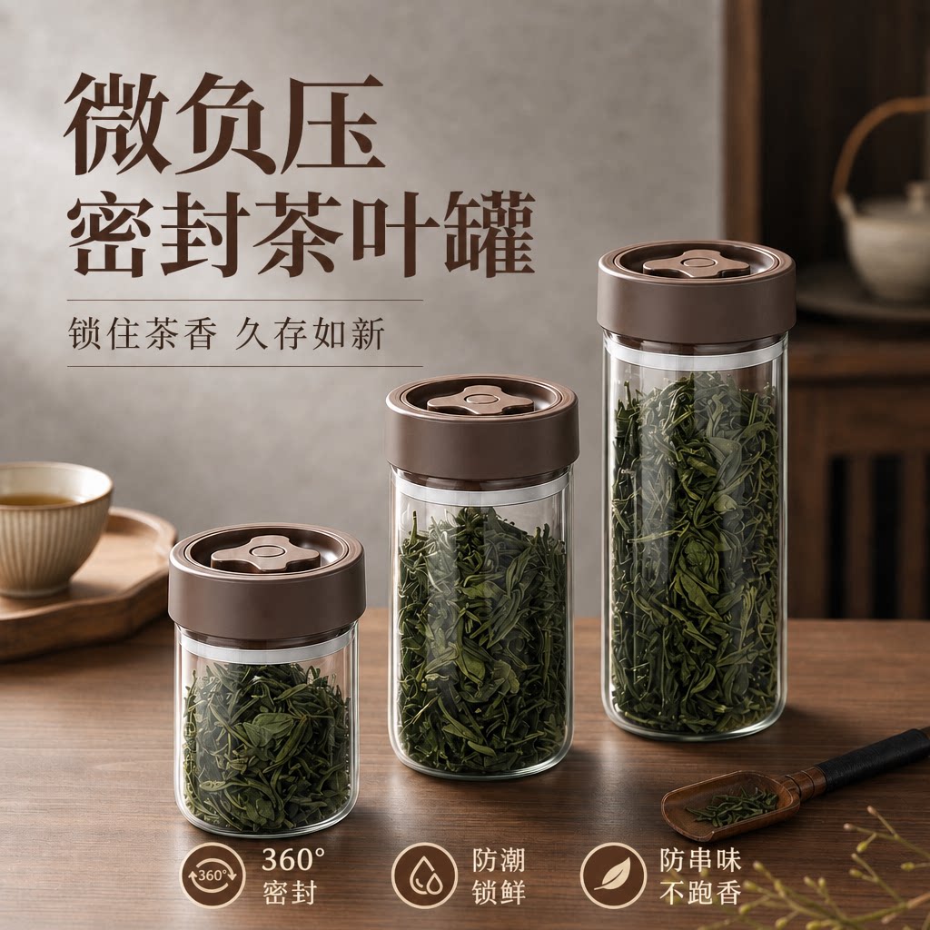 宝选微真空茶叶罐食品茶罐陈皮储存罐高档密封罐子便携防潮玻璃瓶