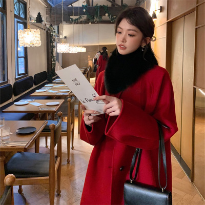 2025新年红色战袍狐狸毛围脖中长款双面羊绒大衣女秋冬羊毛呢外套
