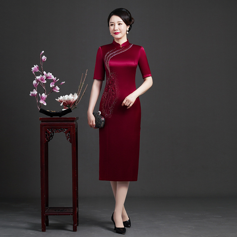 重磅醋酸缎长袖连衣裙2023年新款年轻妈妈婚宴礼服旗袍裙新中式