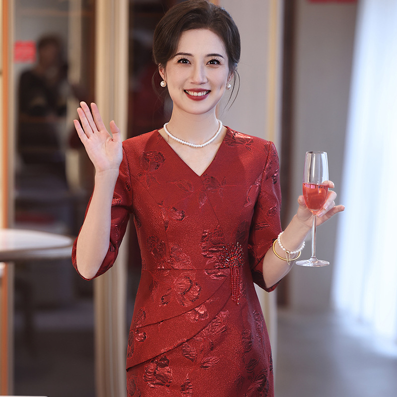 中年女妈妈装结婚礼服丈母娘参加婚宴会红色连衣裙妈妈装965#