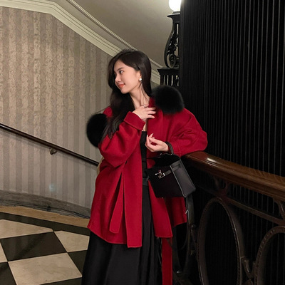 月光蔷薇25冬新款狐狸毛双面羊绒大衣女中长款羊毛呢斗篷皮草外套