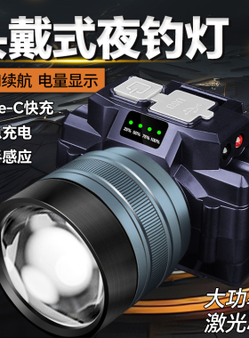 夜钓灯钓鱼专用感应超长续航强光超亮充电大功率变焦头戴式手电筒