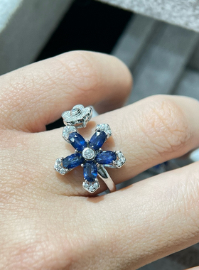 新款花戒超闪3*5mm天然蓝宝石女S925纯银时尚大气戒指坠