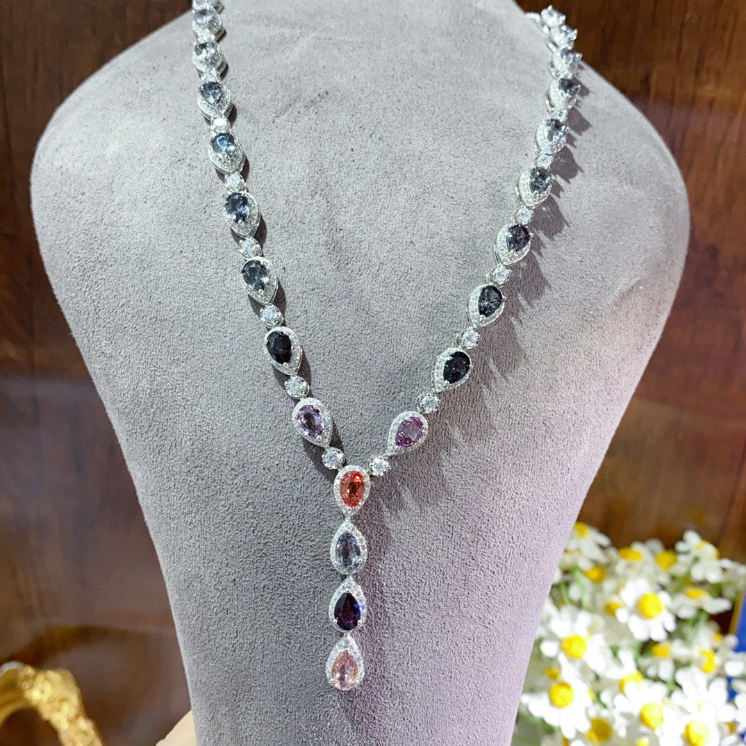 天然彩色尖晶石项链套链 礼服 s925银镶嵌项链 带证书复古