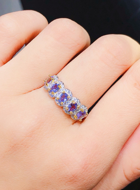 天然坦桑石戒指925银戒指坦桑石蓝色切面净体火彩好蓝宝石戒指