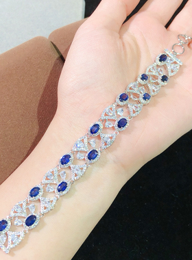 超闪时尚奢华斯里兰卡蓝宝石手链潮流新款精致轻奢天然 s925银镶