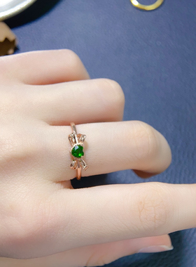 s925纯银戒指天然透辉石4mm精工 厚重银版 蝴蝶结气质女戒