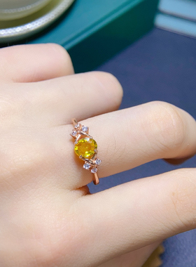 纯天然黄蓝宝戒指超粉嫩晶体通透5A级宝石尺寸5*6mm925银精工镶嵌
