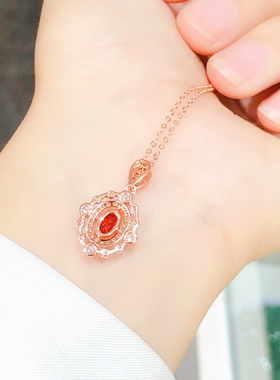 8月上新天然红色宝石石榴石吊坠银镀18k金显气质女彩色宝石镶钻