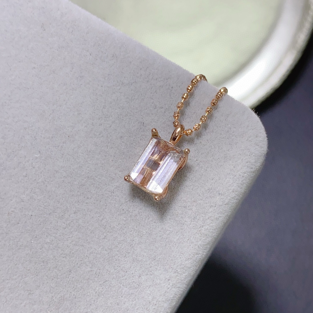 天然橙粉摩根石吊坠女银镀18k金镶嵌经典四爪镶嵌宝石项链