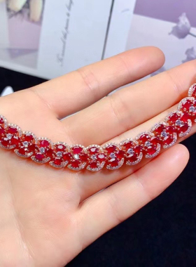 奢华天然红宝石手链玻璃体  鸽血红3*4MM满圈镶嵌 超大气s925银