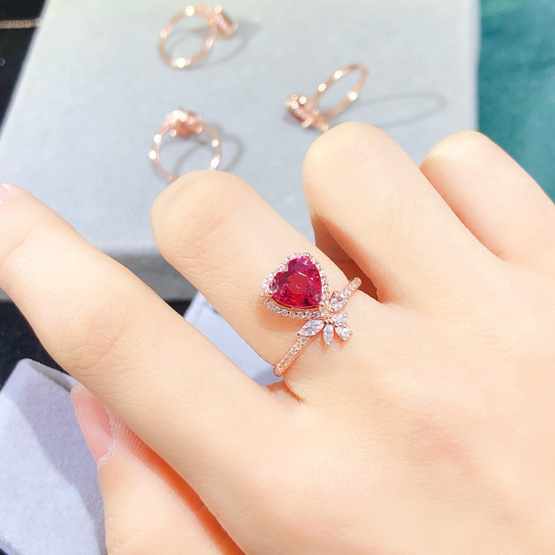 天然鸽血红色石榴石戒指女s925纯银简约冷淡风个性宝石开口指环戒