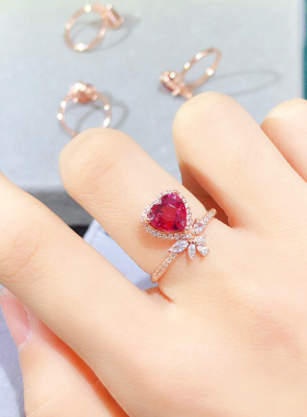天然鸽血红色石榴石戒指女s925纯银简约冷淡风个性宝石开口指环戒