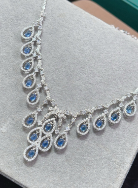 s925银镀金镶嵌天然蓝宝石项链吊坠锁骨链女款时尚百搭送礼