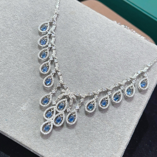 s925银镀金镶嵌天然蓝宝石项链吊坠锁骨链女款 百搭送礼 时尚