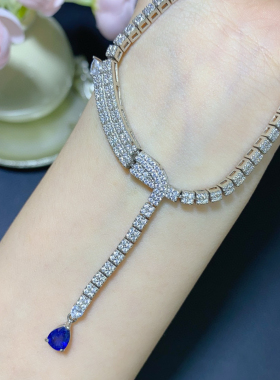 银镀18K白金天然蓝宝石项链女款钻石吊坠锁骨链彩宝颈饰珠宝定制
