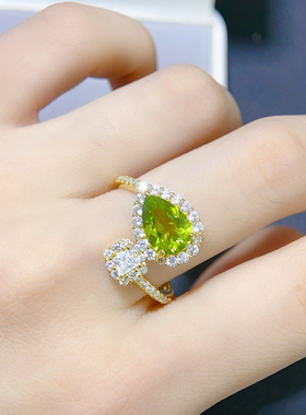 925纯银镶嵌天然橄榄石戒指经典戴妃款彩宝女戒手饰大颗粒水滴