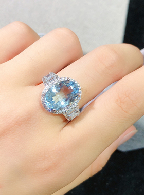 天然蓝托帕石戒指颜色浓郁满火彩主石10*14mm925银活口镶嵌