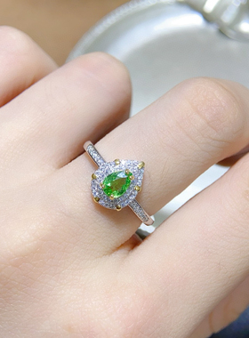 天然沙弗来戒指晶体全净火彩爆闪S925银精工镶嵌主石4*6mm