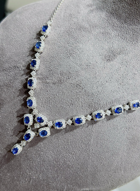 新款天然蓝宝石项链 S925银精工镶嵌主石尺寸3*4MM