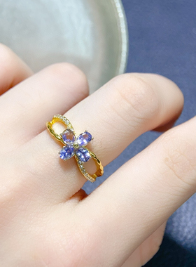 天然坦桑石戒指！妖艳紫全净体爆闪火彩925银精工镶嵌！主石3*4mm