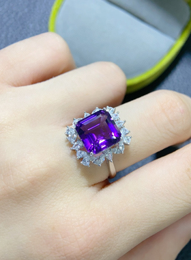 天然巴西紫水晶戒指银镀18K金方520戒指开口面条珠宝