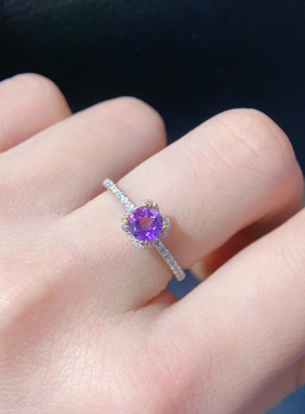 特惠新款天然紫水晶戒指浓郁紫色 圆5mm 开口戒指925银镀金